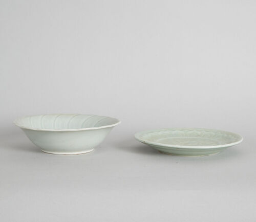 A Chinese Qing-Dynasty Celadon-Glazed Lobed Dish & A Carved Celadon Dish