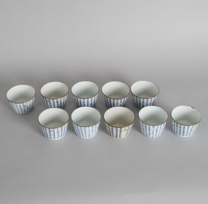 A Set of Ten Chinese BLue and White Cups decorated with calligraphy (hallmark, four chipped)