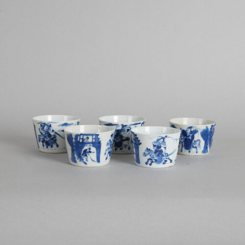 A Set of Five Chinese BLue and White 'Figural' Cups (hallmark, two chipped)