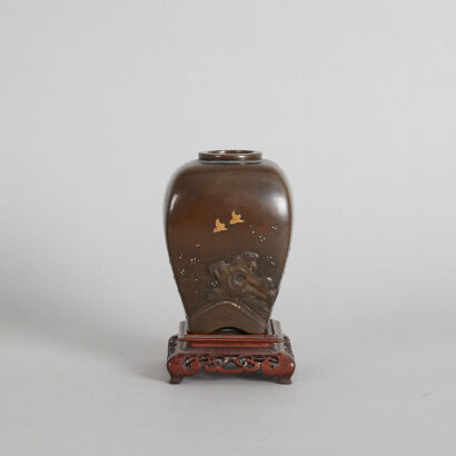 A Small Japanese Meiji Period 'Bird and Rock' Vase mounted with gold and silver (Xiushang Mark, with original wooden stand)