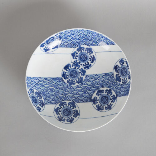 A Japanese Mid 20th Century Blue and White Enamelled 'Floral' Dish