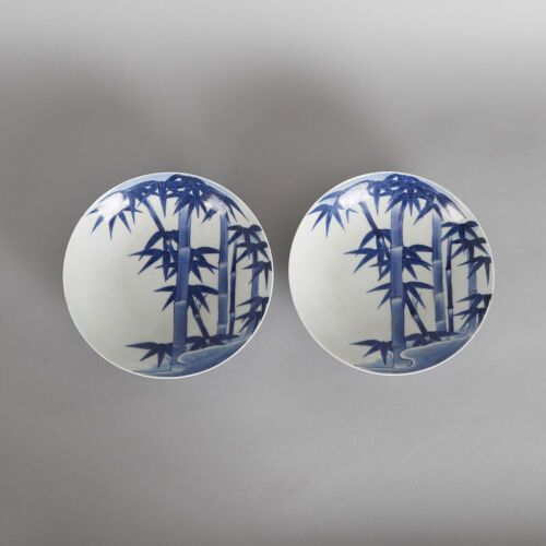 Two Japanese Blue and White 'Bamboo' Dishes (one with chip on rim)