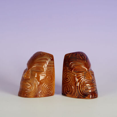 A Pair of Crown Lynn Wharetana Ware 'Moko' Bookends