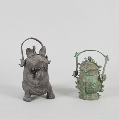 Two Archaic Bronze Ritual Wine Vessels and Covers (You)