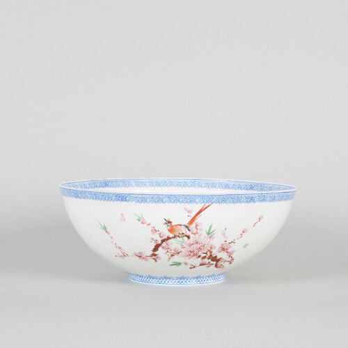 A Large Chinese 20th Century Famille Rose Thin-Clay ‘Floral and Bird’ Bowl (Jingdezhen Zhi Mark)