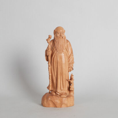 A Chinese Sandalwood Carved Portrait of Zhang Daqian