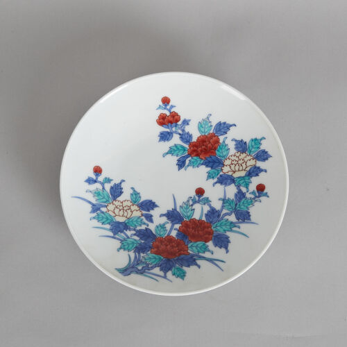 A Japanese Blue and White Enamelled 'Floral' Dish