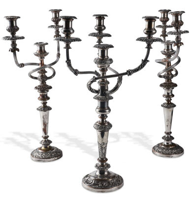 A Trio of Old Sheffield Plate Late-Georgian Metamorphic Candelabras