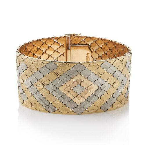 French Retro, 18ct Gold Honeycomb Geometric Strap-Bracelet, circa 1940's