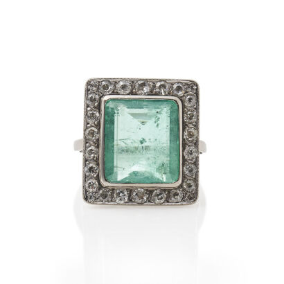 Vintage, Emerald and Diamond Cluster Ring in 18ct White Gold