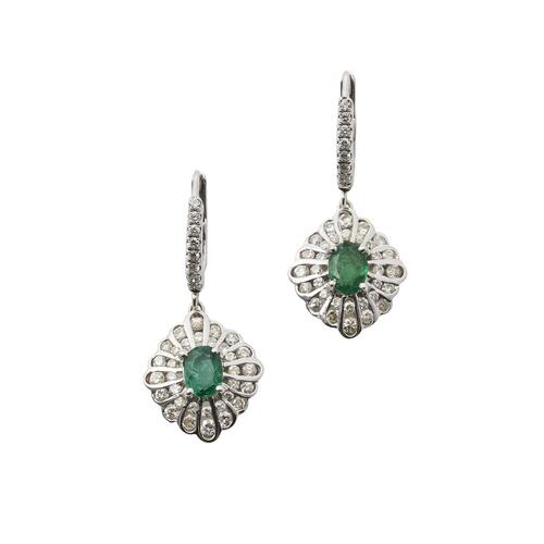 Emerald and Diamond drop earrings on 18ct White Gold Diamond Creoles