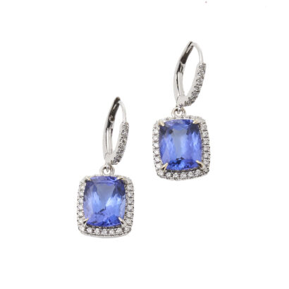 18ct White Gold Cushion Cut Tanzanite and Diamond Drop Earrings