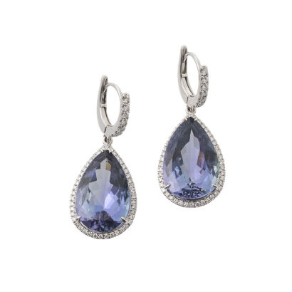 18ct White Gold Pear Shape Tanzanite and Diamond Drop Earrings