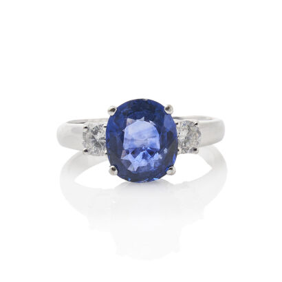 18ct White Gold, Oval Sapphire and Diamond Three Stone Ring