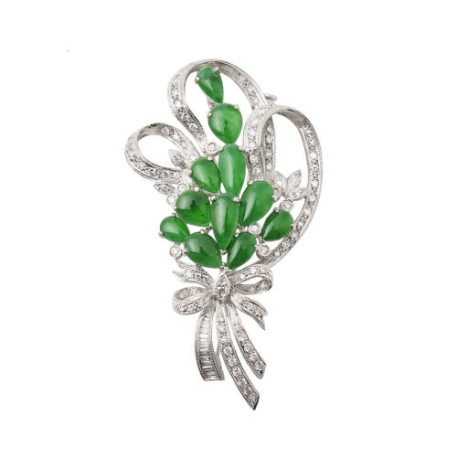 Jade & Diamond Floral Spray Brooch or Pendant, in 18ct White Gold