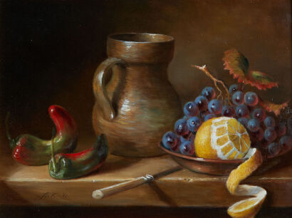 JOS KIVITS Peppers, Dark Grapes, Copper Dish with Peeled Lemon