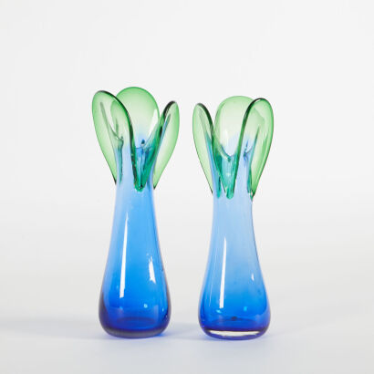 A Pair of Blue And Green Hand Blown Glass Vases