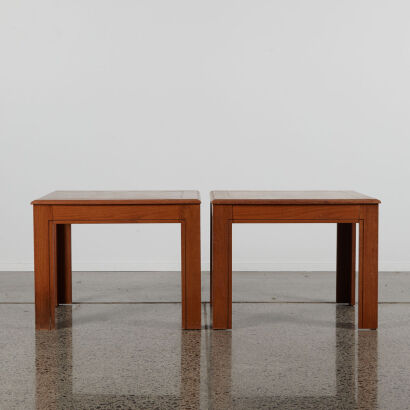 A Pair Of Oak Parquet And Brass End Tables