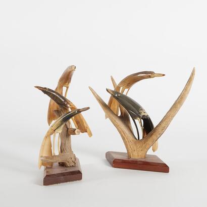 A Pair Of Mid-Century Scrimshaw Horn Shore Carved Birds