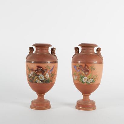 A Pair Of Victorian Terracotta Watcombe Pottery Prattware Hand Painted Vase