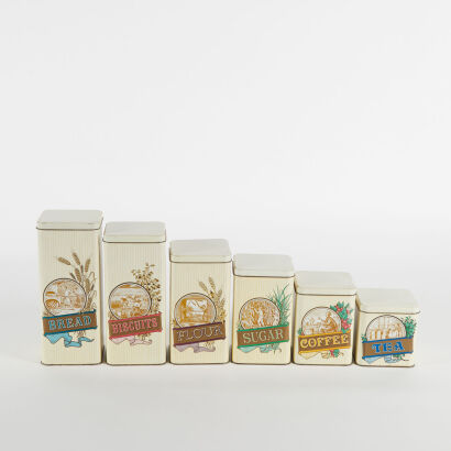 A Set Of Six Bach Food Storage Tins