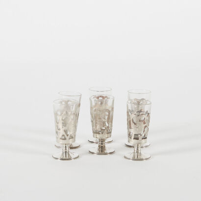 A Set Of Six Sterling Silver Overlay Liqueur Glasses, Stamped .925