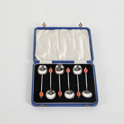 A Set Of Six Sterling Silver Art Deco Teaspoons With Coffee Bean Finials In Case Birmingham 1930