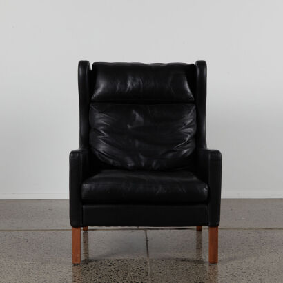 A Borge Mogensen Style Black Leather Wing Armchair