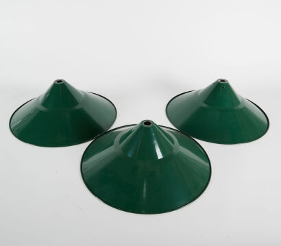 A Set Of Three Green Vintage Enamel Light Shades
