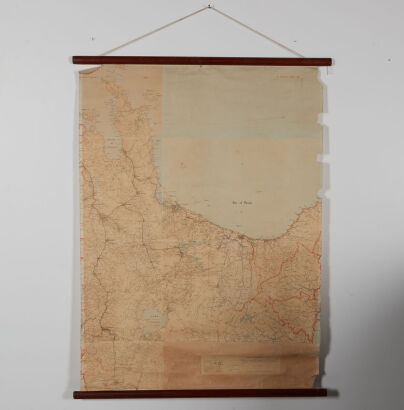 A Large Linen Wall Map Of Coromandel, Bay Of Plenty, Tongariro With Wooden Ends