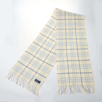 Burberrys Cashmere Cream and Blue Checker Scarf