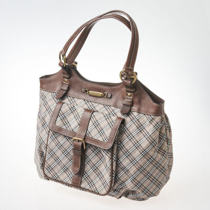 Burberry Blue Label Checker Canvas and Brown Leather Bag