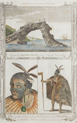 A Curiously Arched Rock on the Coast of New Zealand. A New Zealand Chief Whose Head is Ingeniously Tatawed, and a Subaltern Warrior of the Same Country by an Unknown Artist