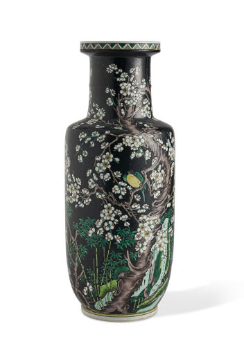 A Chinese Famille Noire Enamel Porcelain Rouleau Vases
