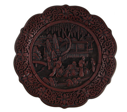 A Floral-Shaped Cinnabar Dish with Brass Foliate-Rims and Carved Figures in a Garden