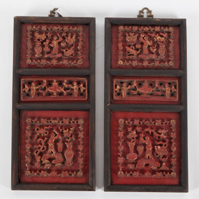 A Pair of Carved Chinese 19th Century Red Lacquered Gilt 'Figural' Panels