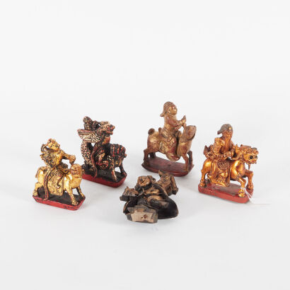 A Group of Five Chinese Qing-Dynasty Gilt Wood Figures