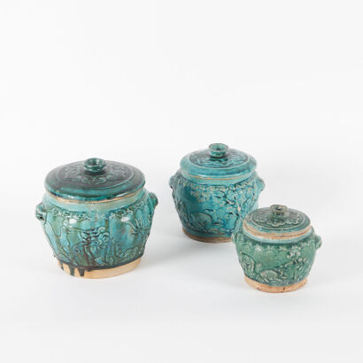 A Group of Three 19th Century Turquoise-Glazed 'Dragon' Lidded Jars
