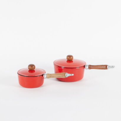 A Pair Of Monet Red Cast Iron Pots With Timber Handles