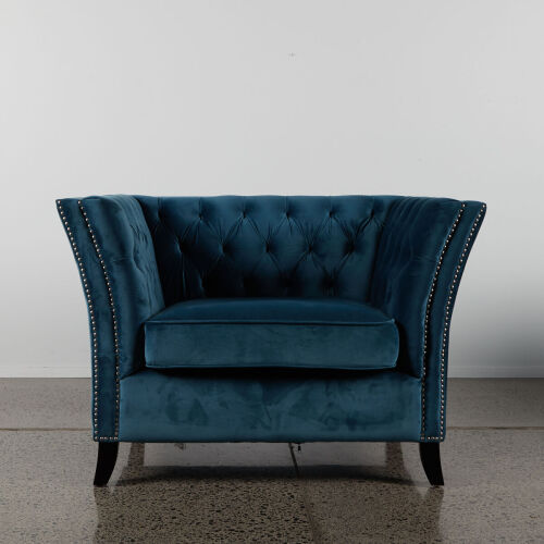 A Blue Velvet Deep Buttoned Sofa Chair