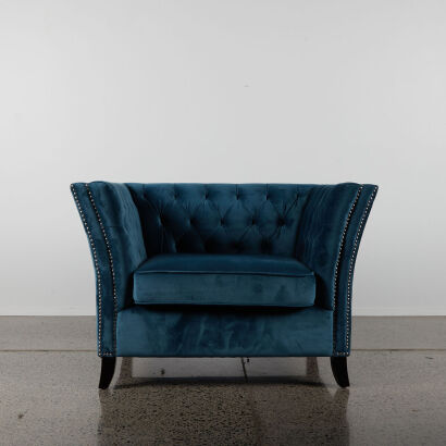 A Blue Velvet Deep Buttoned Sofa Chair