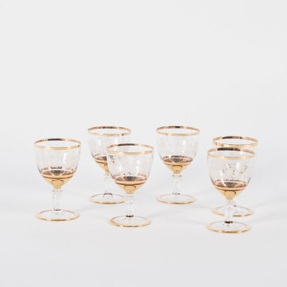 A Set Of Mid Century Gold Leaf Etched Liquor Glasses