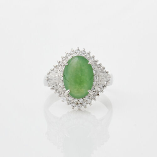 Platinum Oval Cabochon Jade & Diamond Ring