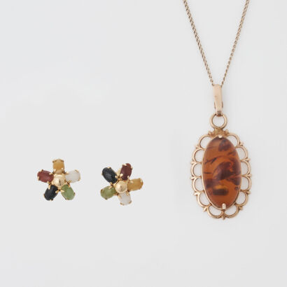 9ct Yellow Gold Coloured Stones Stud Earrings and 14ct Rose Gold Amber Necklace