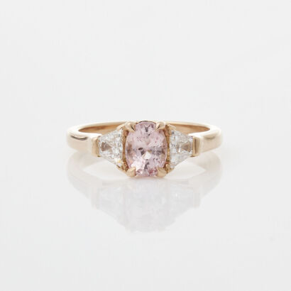 18ct Rose Gold Peach Sapphire and Diamond Three Stone Ring