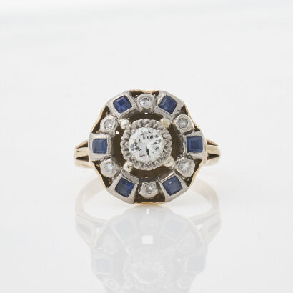 18ct Yellow Gold, Vintage Sapphire and Diamond Ring