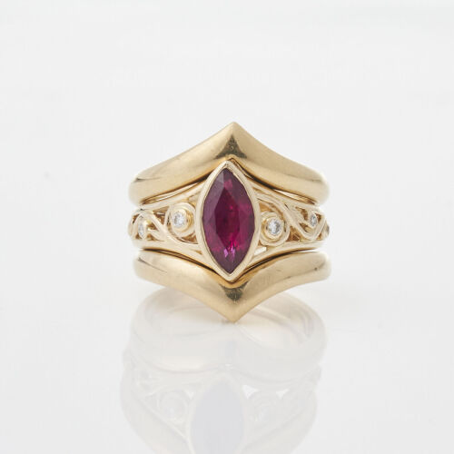 Handmade, Marquise Cut Ruby & Diamond ring Set in 18ct Yellow Gold