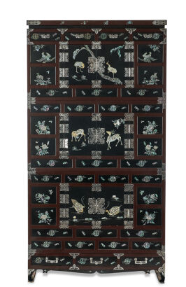 A Three Tiered Black Lacquered-Mother of Pearl Inlay Chest