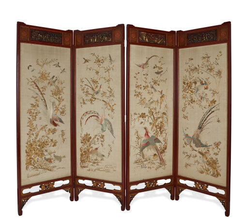 A Screen in Asiatic Lacquer with Four Silk Embroidered Panels C.1890