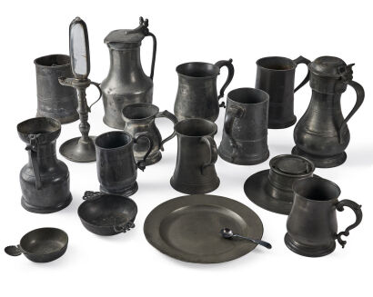 A Large Lot of Eleven Early Pewter Tankards